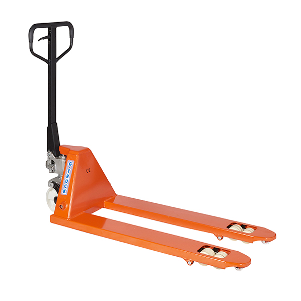 This is an example of a small, orange manual pallet stacker. 